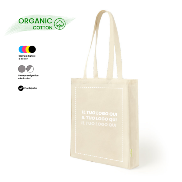 Shopper cotone organico 140 g/m2 con manici lunghi 38 x 42 x 8 cm